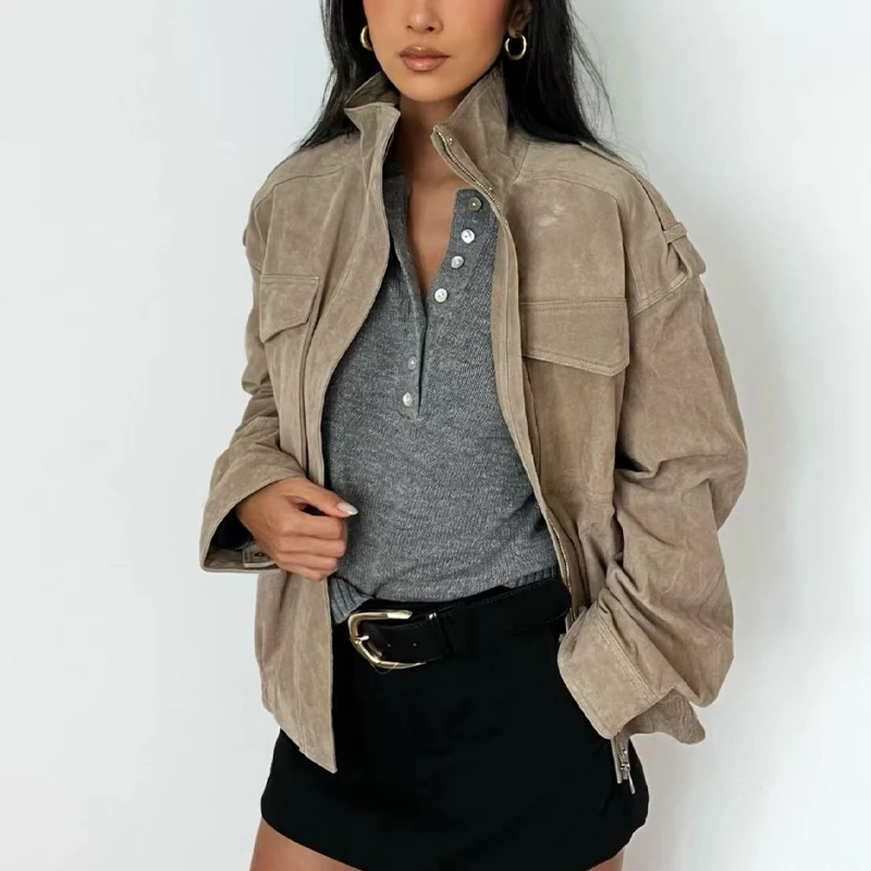 سترة عمل من جلد الغزال بتصميم متخصص وياقة واقفة وسترة فضفاضة مناسبة على طراز الشارع ملابس نسائية عصرية متعددة الاستخدامات للخريف والشتاء #3