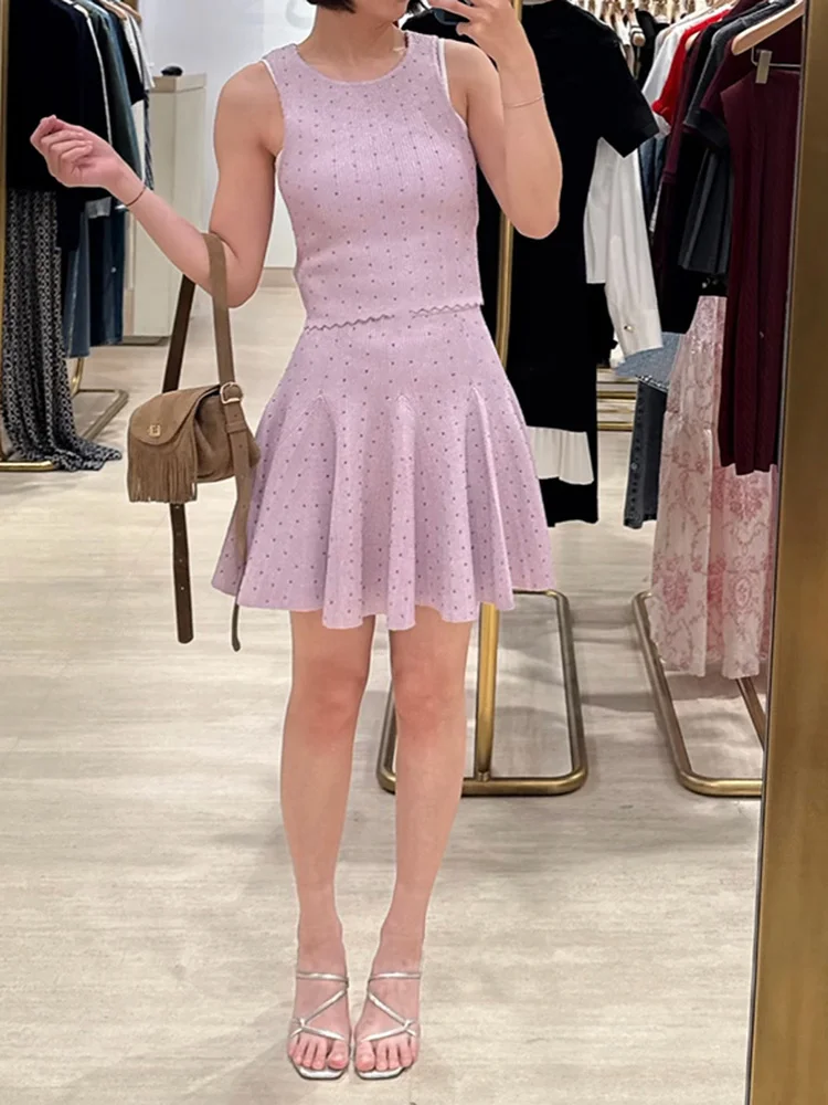 

Spring 2026 Women's Knitted Vest And Skirt Set with Rhinestone Embellishments And Lace Hemlines Sweet Style Floral Purple