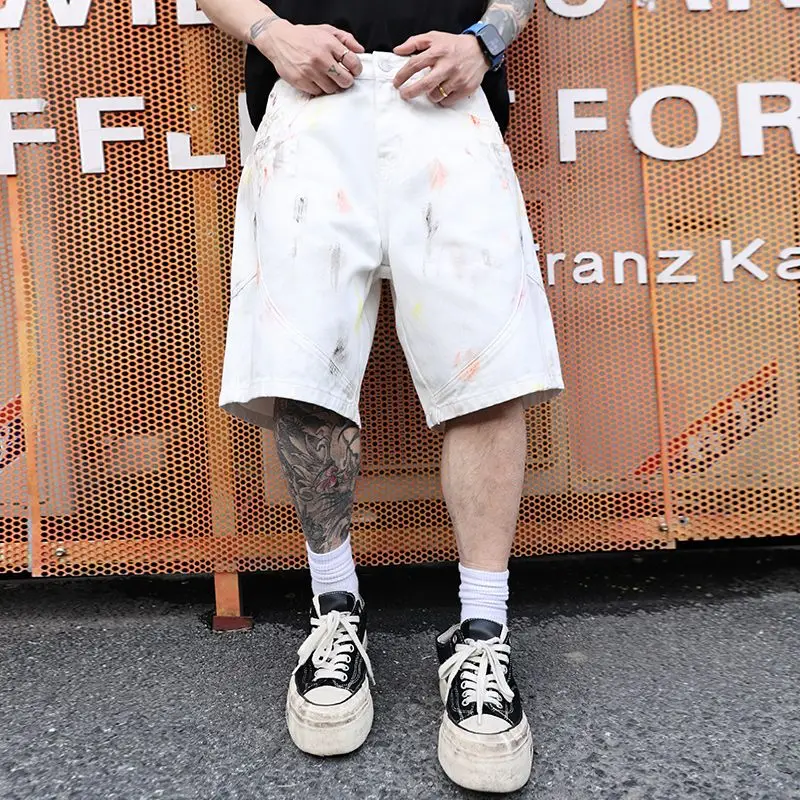 

2025 New Hand-painted White Short Jeans Men Wide Leg Loosen Fit Baggy Denim Shorts