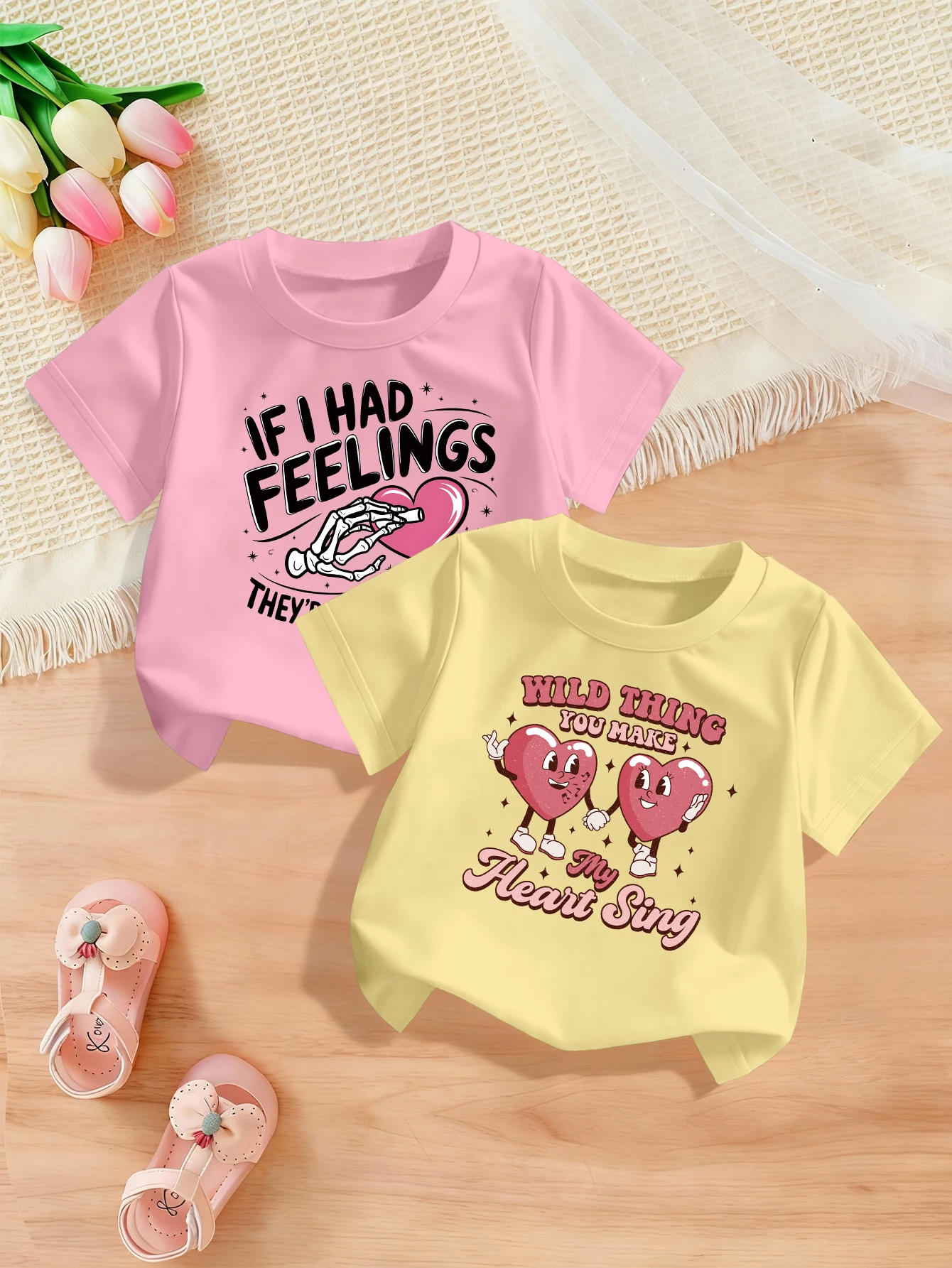 

2 Pieces, Valentine's Day, Cartoon Heart, Skull Hand Pattern Print, Cute Casual T-Shirt for Girls