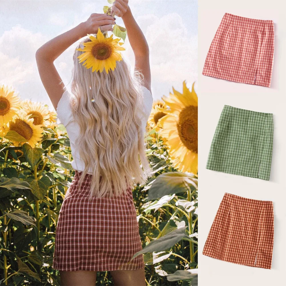 High Waist Front Slit Slim Fit Plaid Mini Skirt Casual Street Daily Summer Short Skirt for Young Women Daily Outdoor Wear
