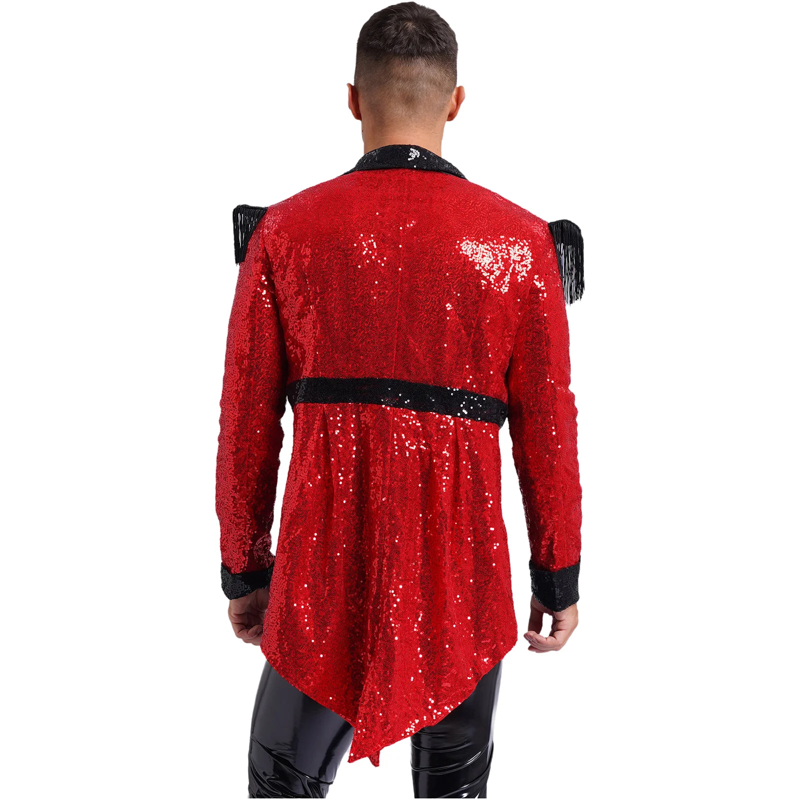 Men's Sparkly Sequin Circus Ringmaster Jacket Tuxedo Magician Costume Rave Party Halloween Showman Swallow-Tailed Blazer Coat