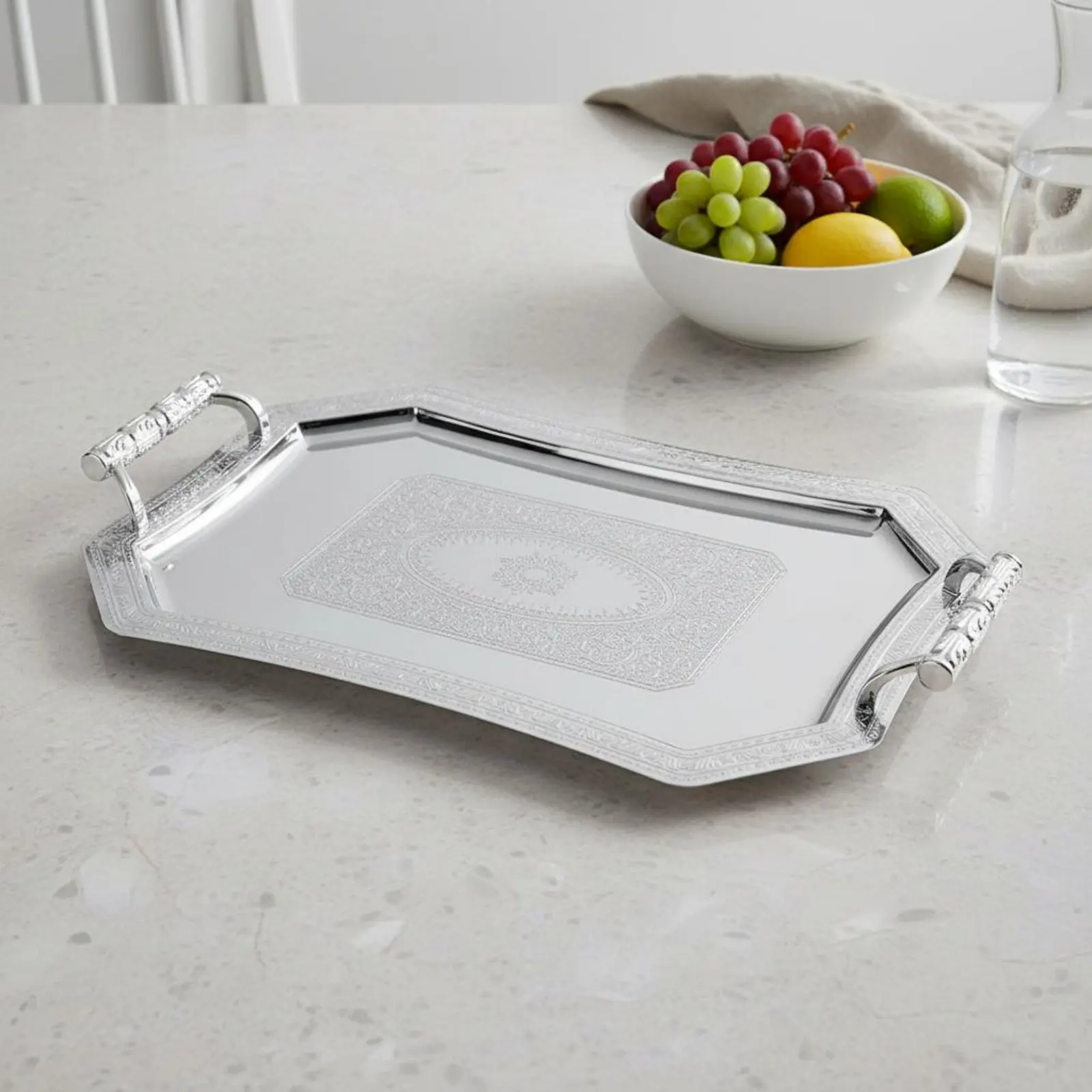 Ornate Serving Tray with Handles Elegant Design Embossed Stainless Steel Platter European Design Metal Tray Multi-Functional view 4