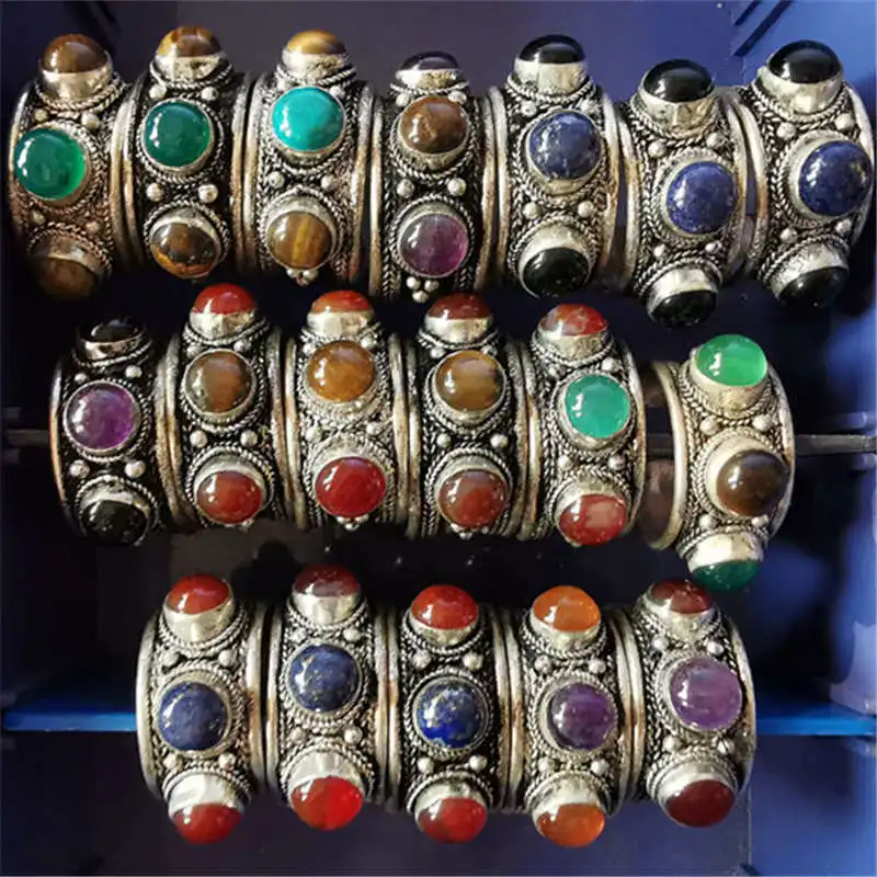 Tibetan Rings Metal Copper Inlaid Natural Stone Beads Open Rings Tiger Eye Lapis Agates R027