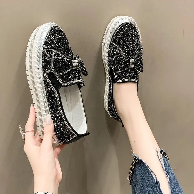 Womens Loafers Shoes Casual Female Sneakers Slip-on Crystal Round Toe Modis Bow-Knot Flats Slip On Rhinestone 2024 Comfortable N