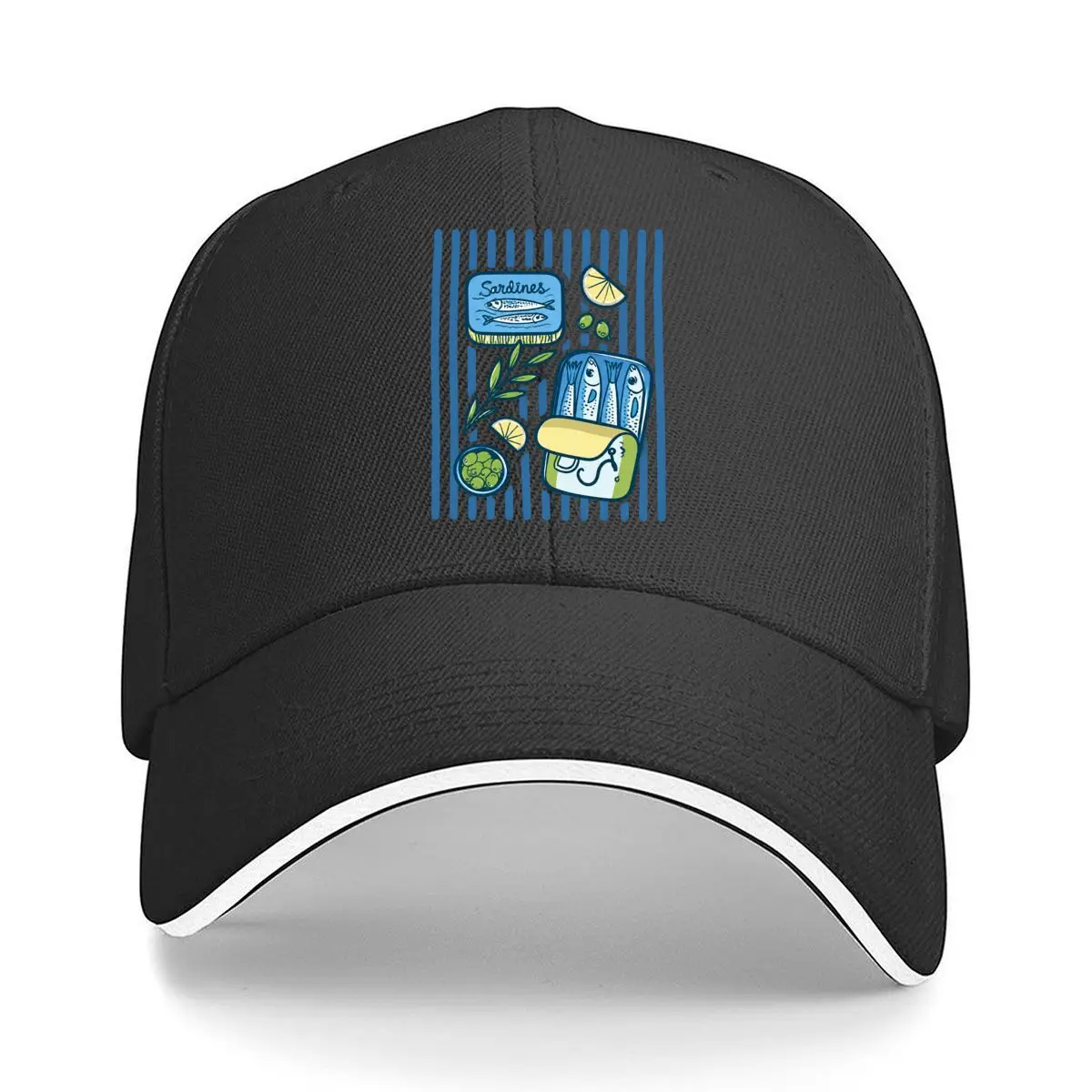 Sardines Can Illustration Striped Background Lemon Slice Olive Sandwich Baseball Cap Outdoor Workouts Sun Hat