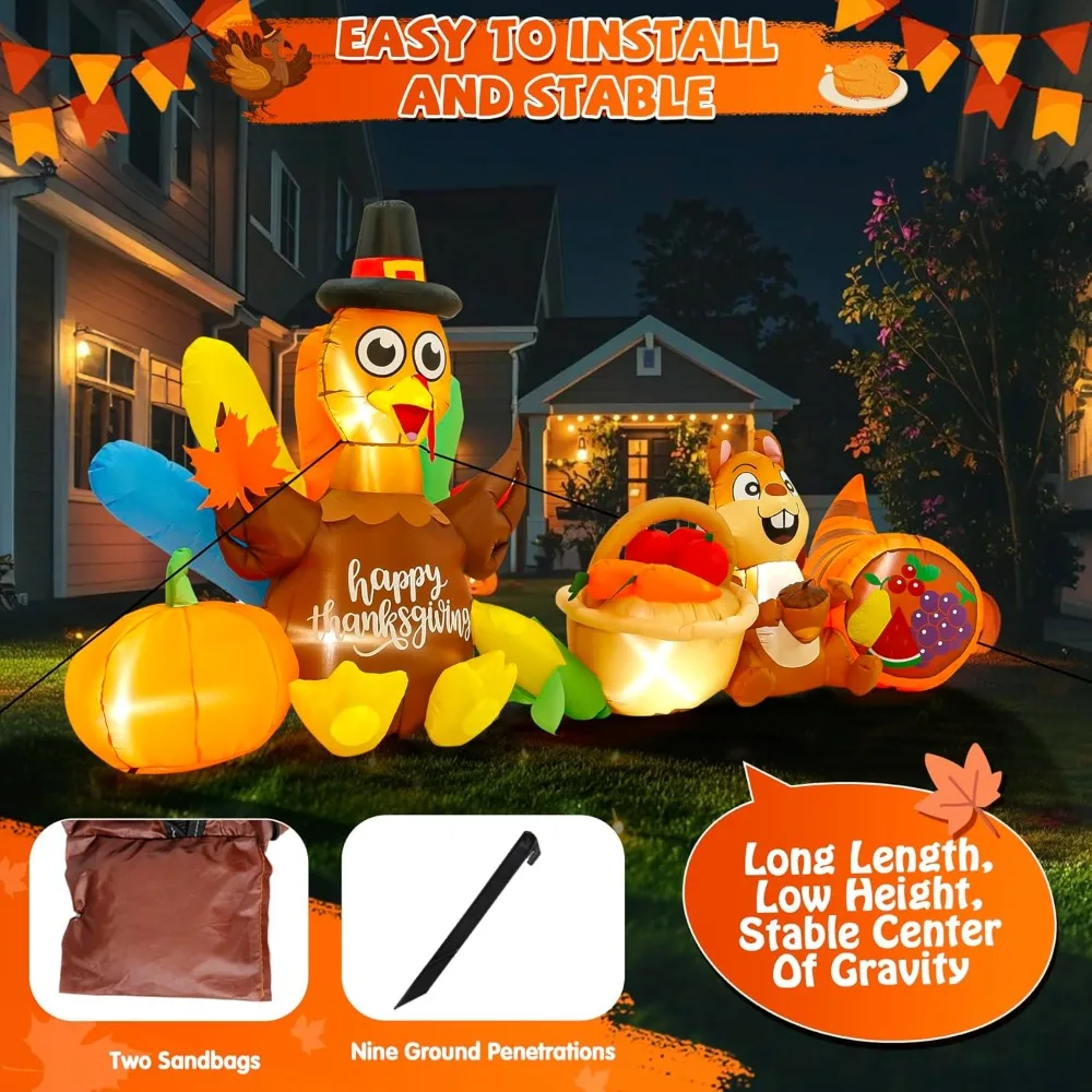 ديكور عيد الشكر بطول 12 قدمًا مع اليقطين والذرة، ديكور خارجي قابل للنفخ بإضاءة LED
