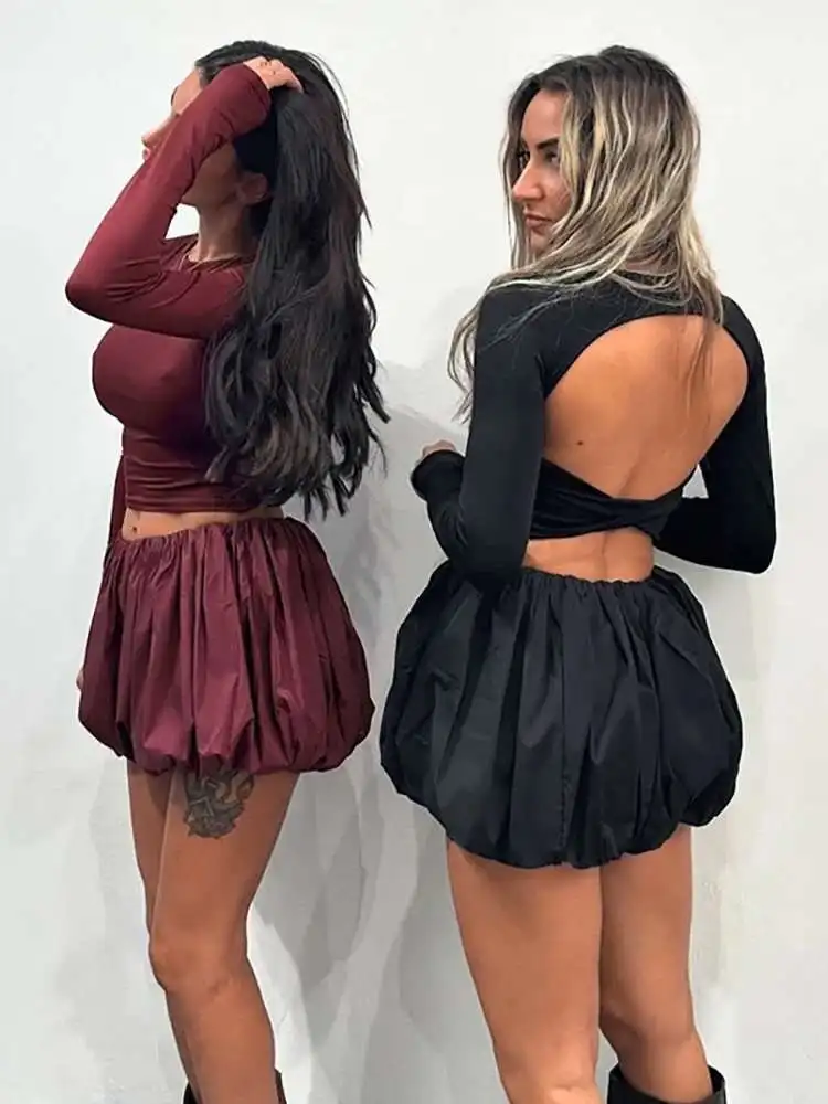 BabYoung Sexy Backless Ronde Hals Vrouwen Pak Lange Mouw T-shirt Mini Rok Vrouwelijke Winter Slanke Elegante Tweedelige Sets