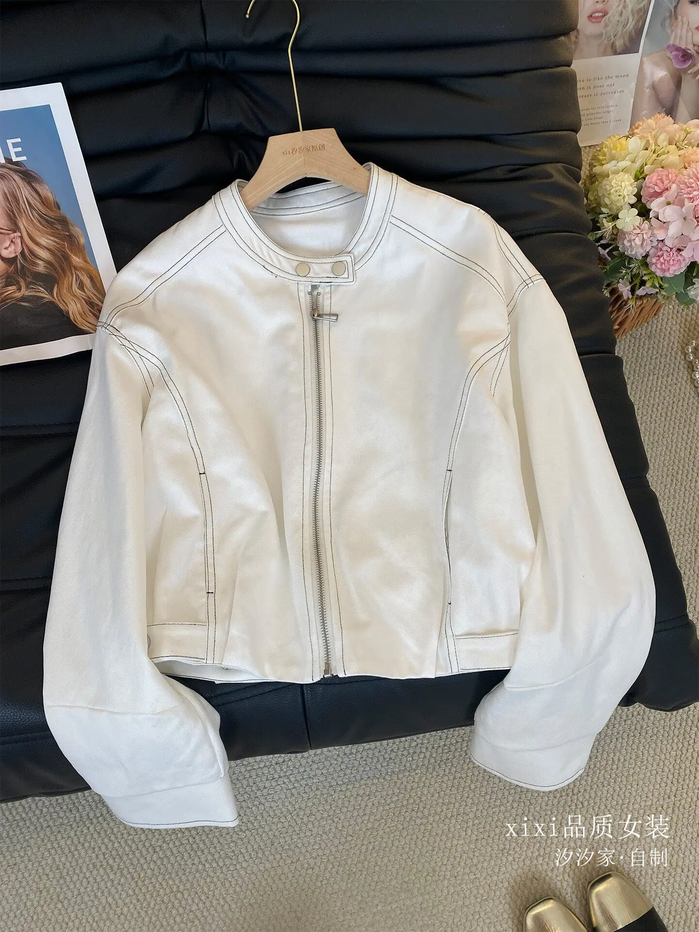 New White stand up collar denim jacket popular short top Coats