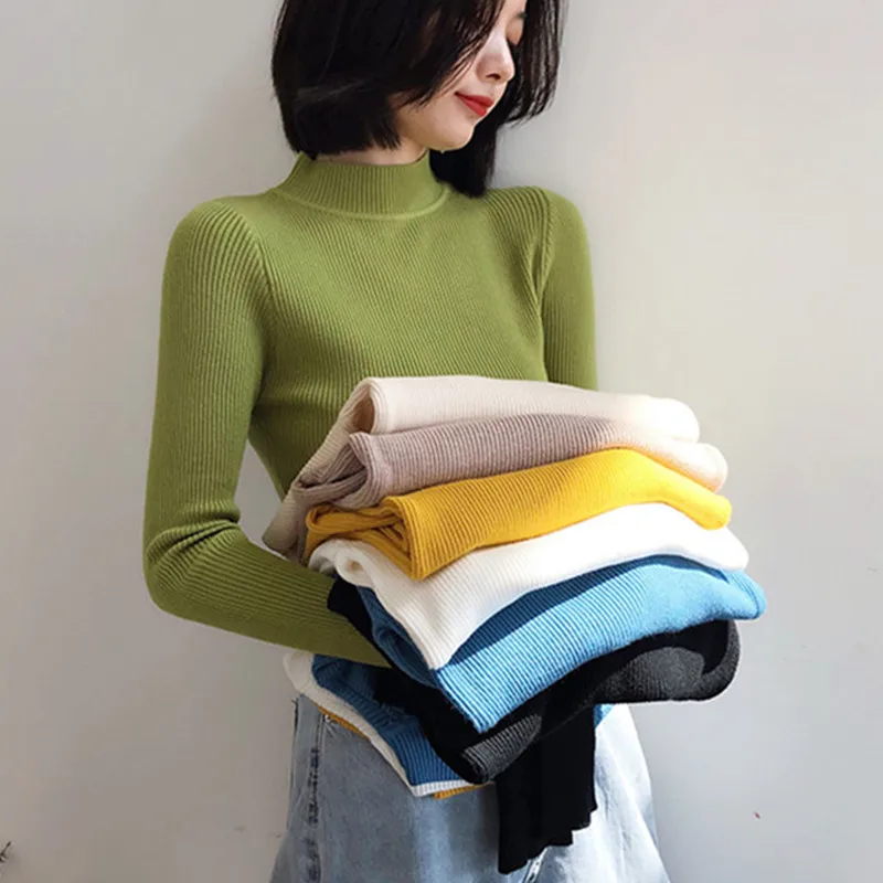 

2025 Fall Women Turtleneck Pullover Knitted Sweater Slim Fit Long Sleeve Spring Autumn Top Solid Color Elegant Casual Jumper