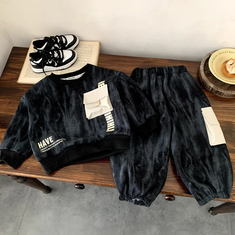 

Boys Set 2025 Autumn Spring Fashion Trendy Casual Long Sleeve Letter Print Pocket Sweatshirt Sweatpant Two Piece Set