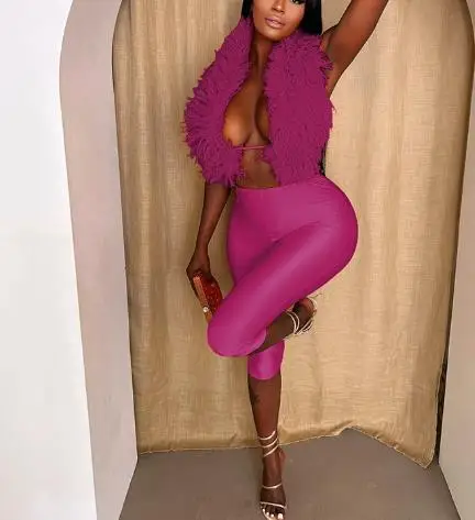

2025 Fashionable Women's Solid Color Fur Collar Hollow Out Backless Lace Up Hanging Neck Vest and Tight Five Quarter Pants Set