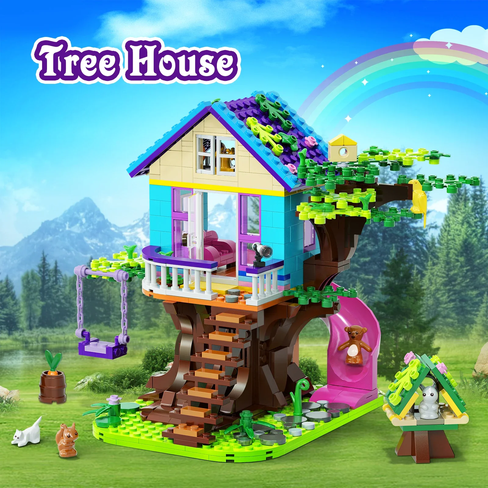 MOC Forest Nature Park Tree House Architecture Model Dream Slide Hut Building Blocks Set Puzzle Toys for Children Birthday Gift