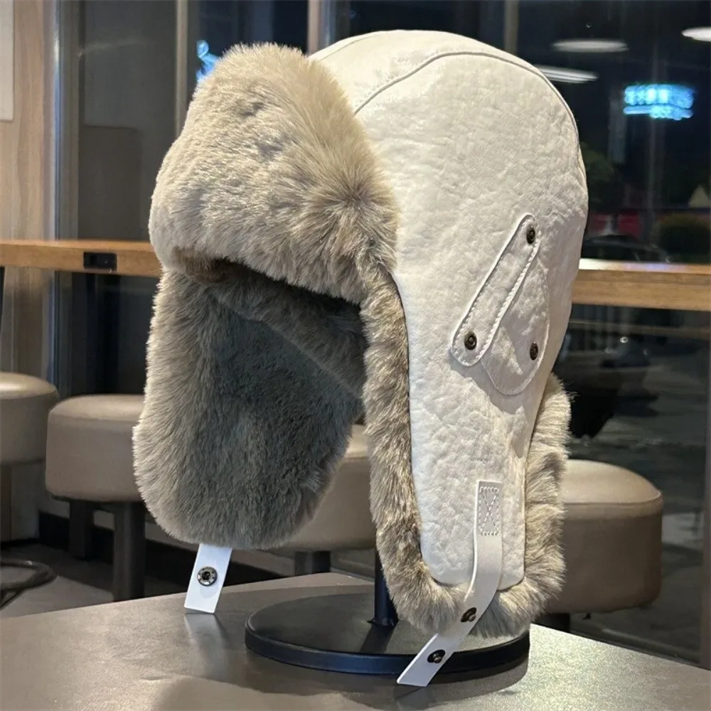Neutral Vintage Pu Leather Pilot Hat Plush Side Rivets Winter Ski Cap Thicked Warm Ear Protection Hat Mountaineering 4