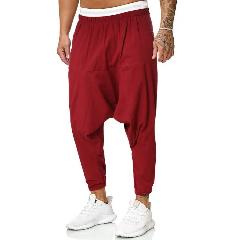

Men's Cotton Linen Blend Colored Haren Pants Loose Fit Printed Waist Cord Sports Sle Pure Color Casual Trousers