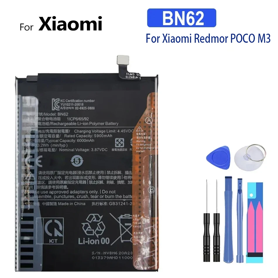 Battery 6000mAh, BN62, For Xiaomi Pocophone, Poco M3, Note 9, for Redmi 9T, Free Tools