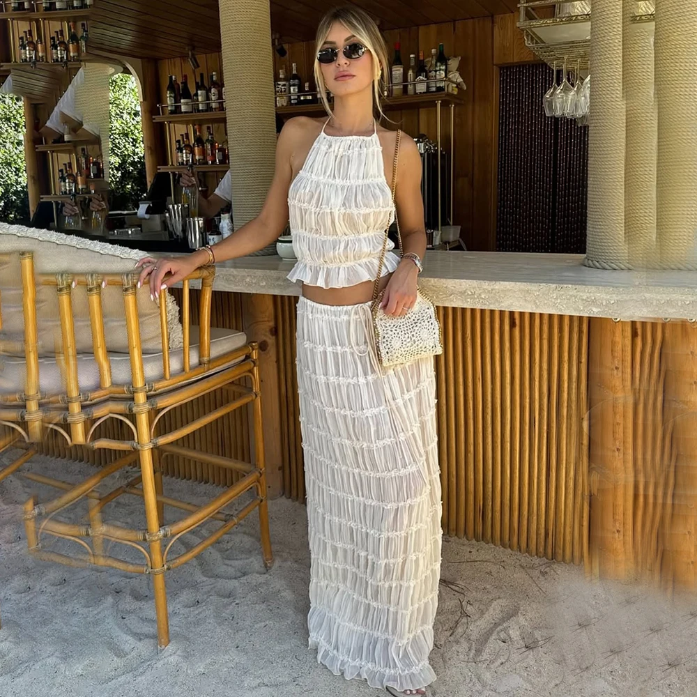 Talenza Lace Neck Strap Long Skirt Set 2-piece Women\'s Sexy Backless Folded Vest Long Skirt Set Loose Vacation Women\'s Skirt Set