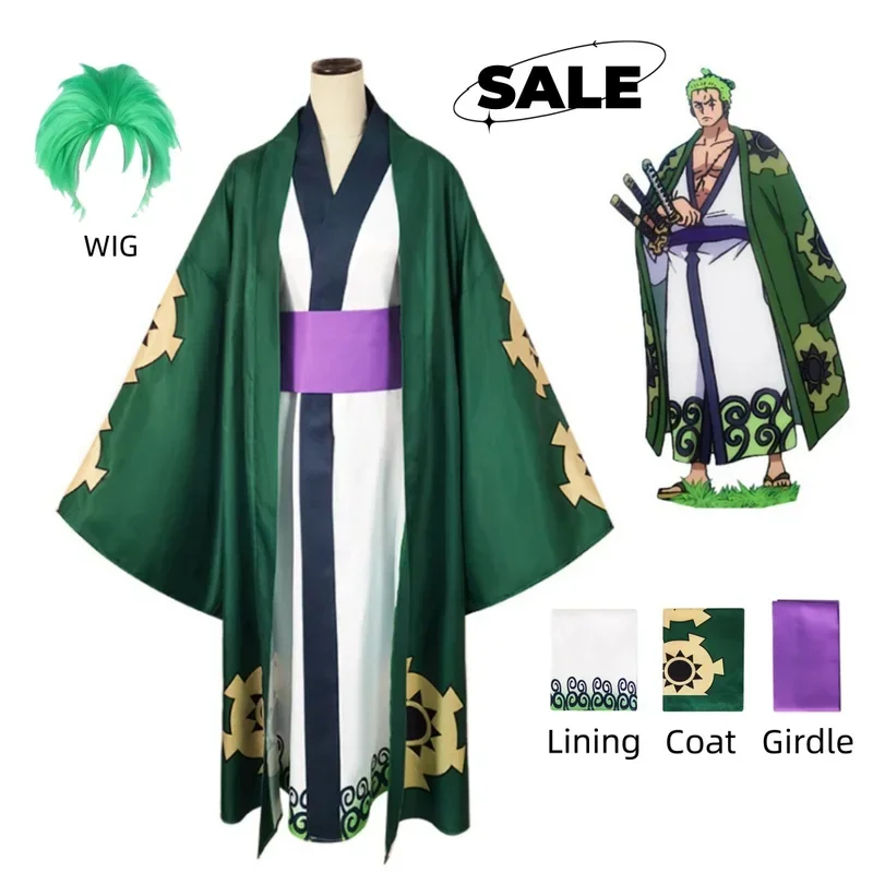 Green Roronoa Zoro Kimono Cosplay Anime Uniform Costume for Halloween Adult Suit Lining Wig Outerwear Girdle Disfraz Halloween