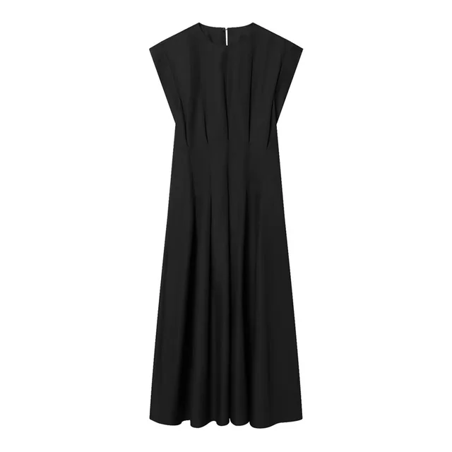 Women's Dress 2026 Spring New Black Short-Sleeve Pleated Decorative A-Line Long Dress Elegant and Simple Fashionable
