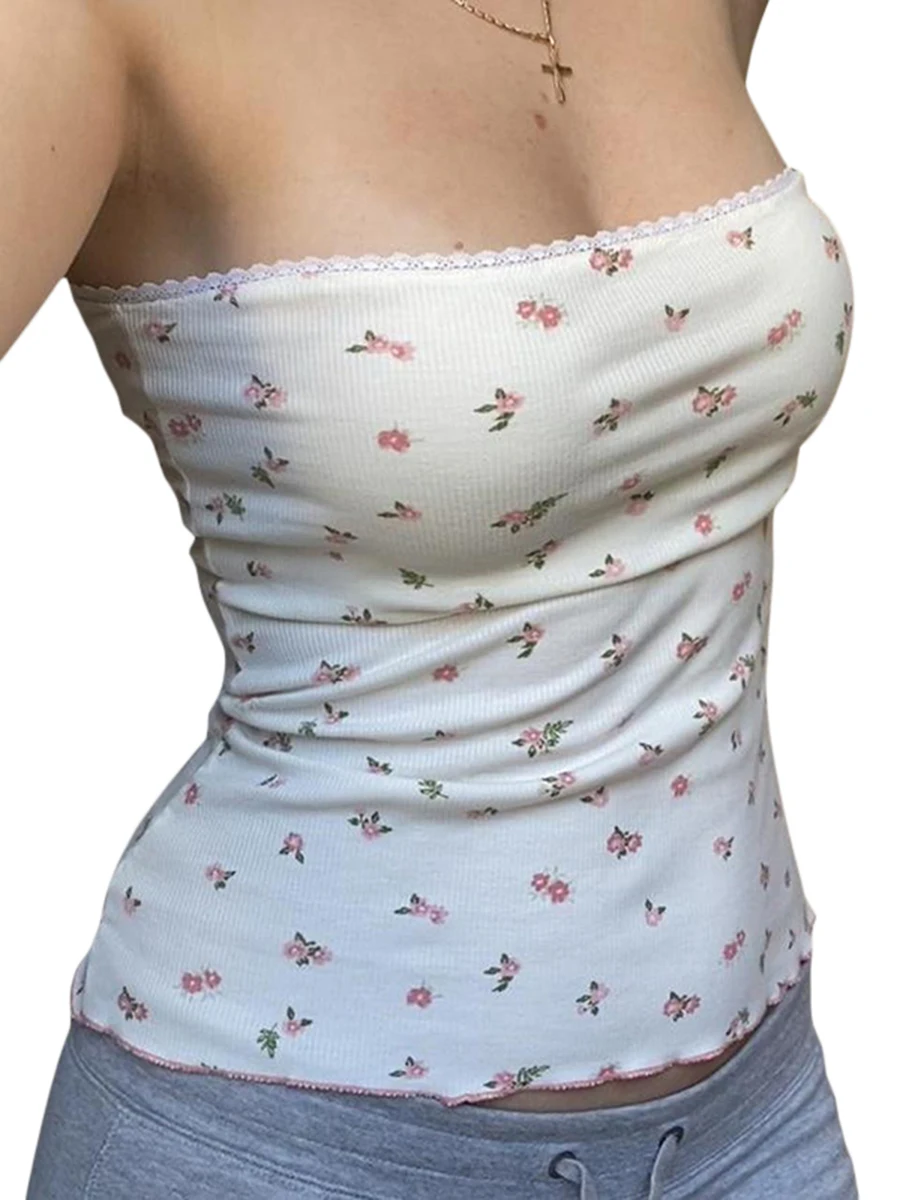 Women Tube Top Strapless Backless Flower Print Summer Ladies Vest for Club Party