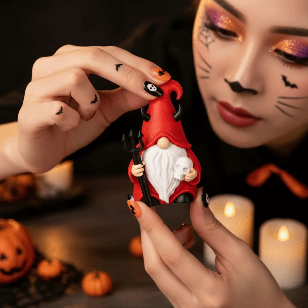 Red Robe Red Gnome Holding Trident White Beard Halloween Figurine Vibrant Colors Handheld Skull Skull Miniature Patio Display