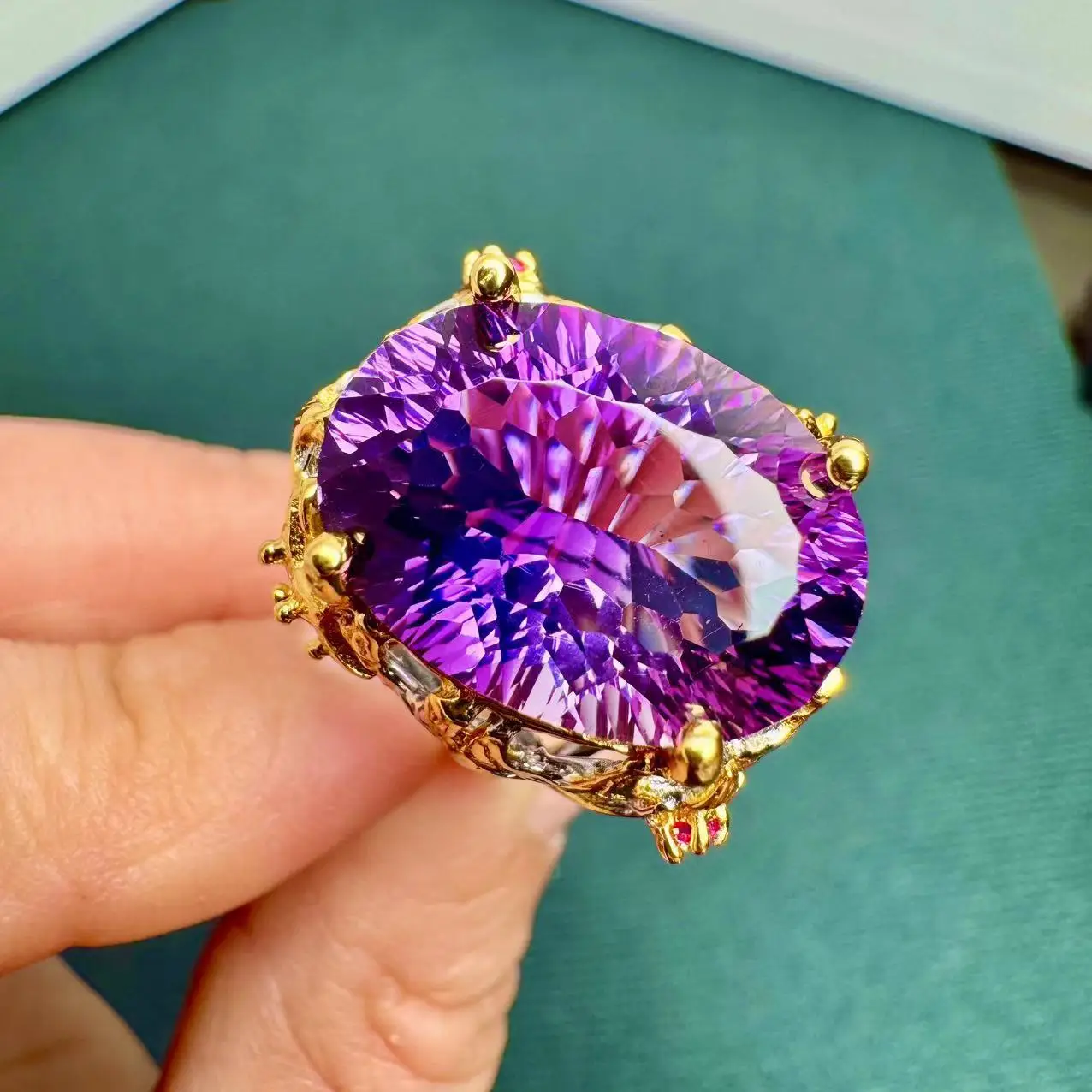 Natural Amethyst Ring, 925 Silver Two-Tone Finish Adjustable Size, Crystal Jewelry Gift for Women