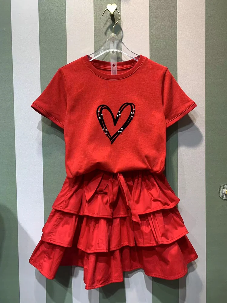 Girls Summer Clothes Sets 2024 Designer Kids Short sleeved love Red T-shirt Skirt 2Pcs Suit Children Outfits Girl Festival Gifts