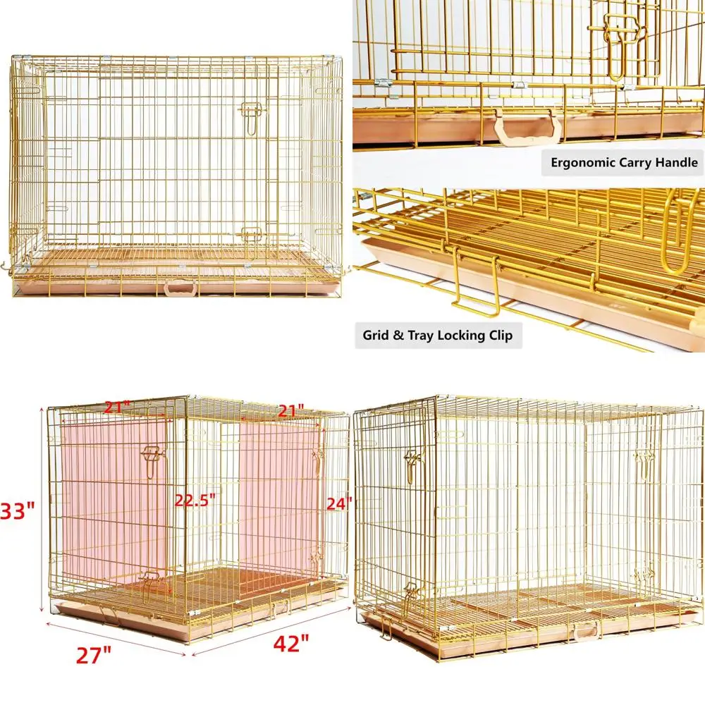 

Portable 42 Inch Folding Metal Dog Crate with Removable Floor Grid for Copper Gold Colored Pet Kennels