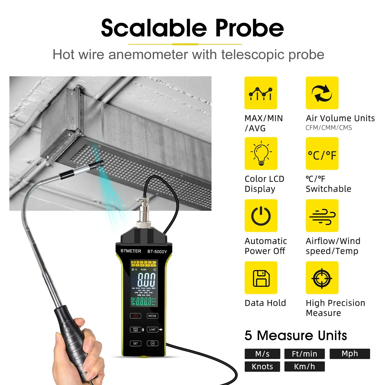 

Professional Anemometer with Telescopic Probe, High Precision Wind Speed Airflow Volume Tester, Color LCD Digital Meter
