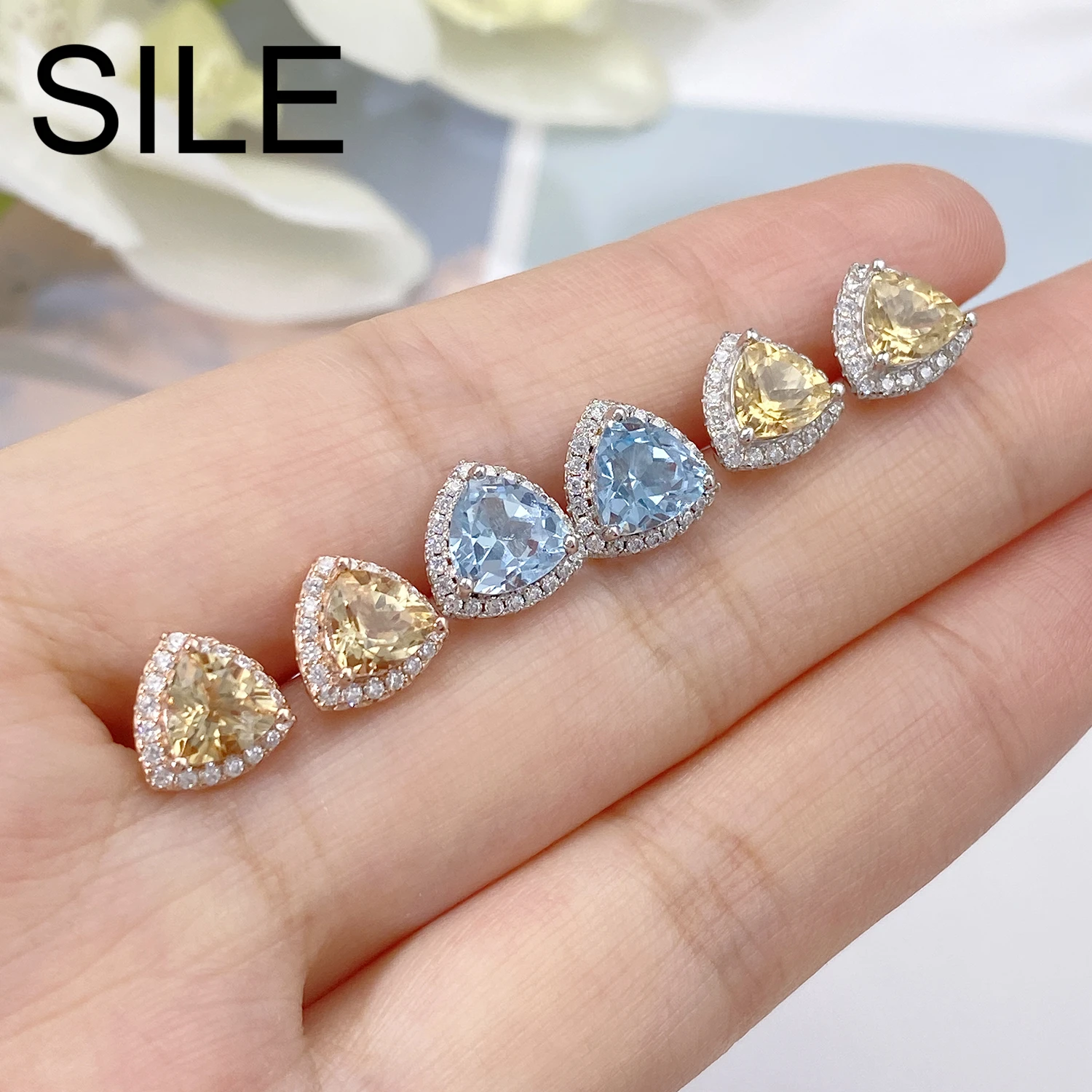 SILE Trendy Mini Triangle Stud Earrings Natural Topaz Citrine CZ Gemstone Fine Jewelry 925 Sterling Silver Earrings For Girls