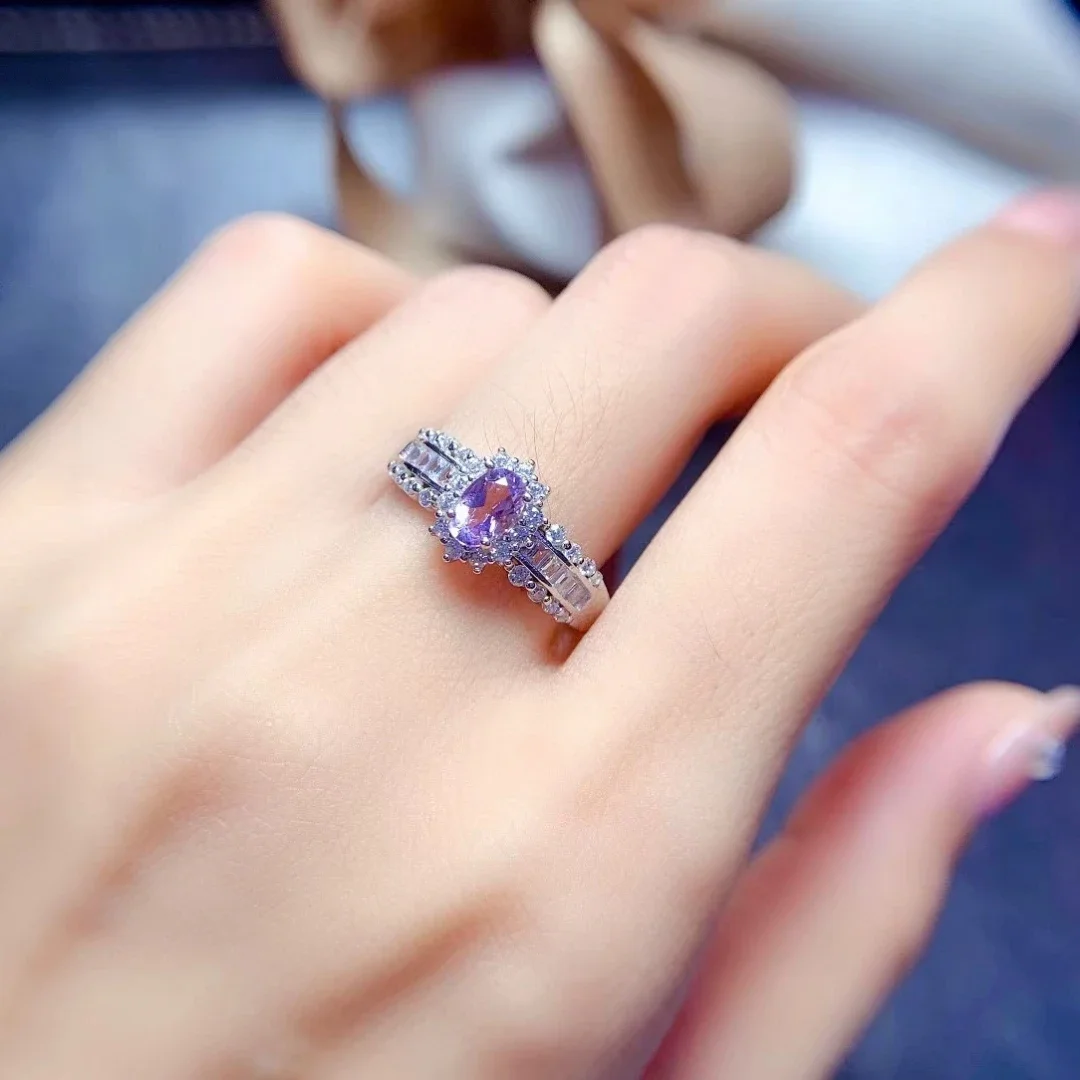 Dazzling 925 Silver Amethyst Ring for Young Girl 4mm*6mm 0.5ct Natural Amethyst 925 Silver Ring with 3 Layers 18K Gold Plating