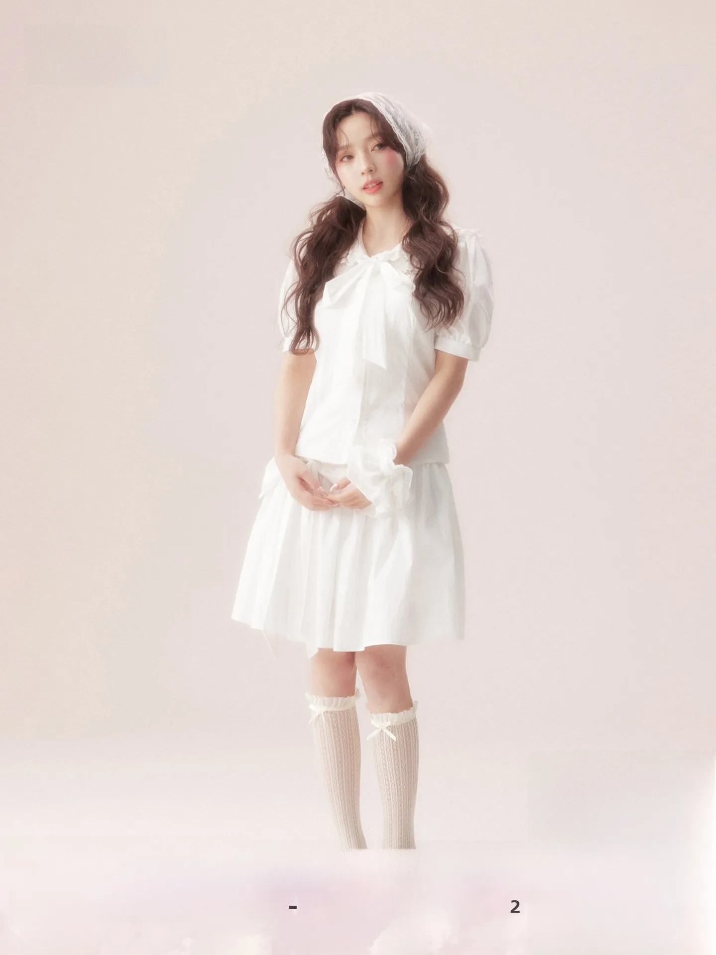

AooRaa Original Summer New Knot Shirt Half Skirt Set Two Colors Sand Blue Sweet Style Cotton Nylon Light Weight