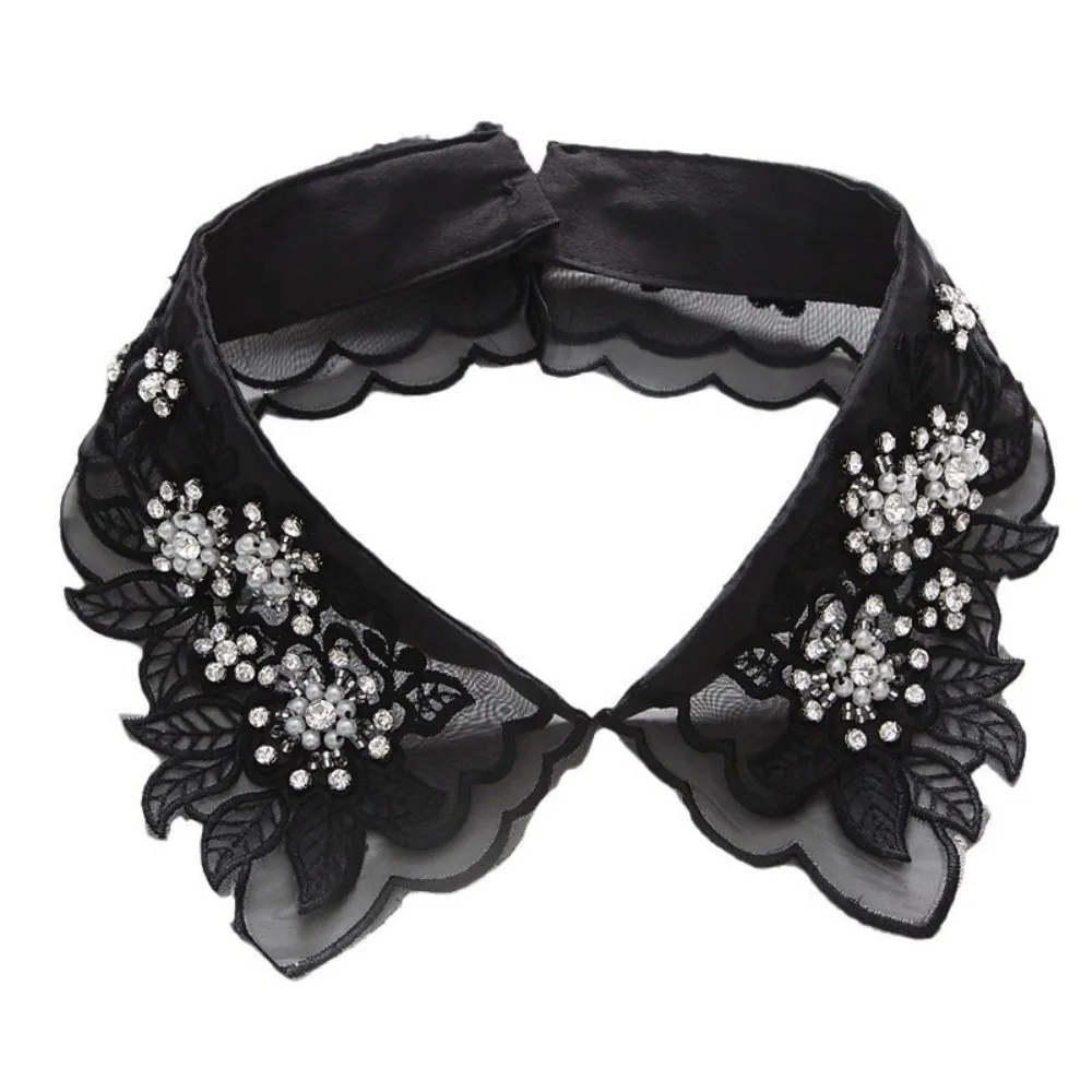 Fashion Cotton Lace Fake Crystal Beads White Color Fake Collar Elegant Lace Leaves False Collar Ladies Blouse