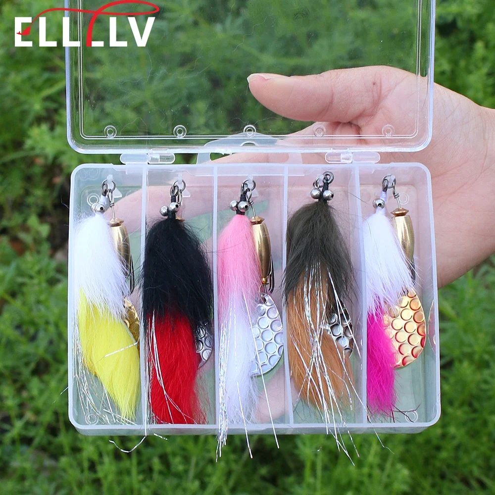 Ellllv 5PCS/Box Fast Sinking Spinner Lure Sets 3/0 Stinger Hook Bunny Tail Streamer Fly for Bass Pike Saltwater Fishing Species