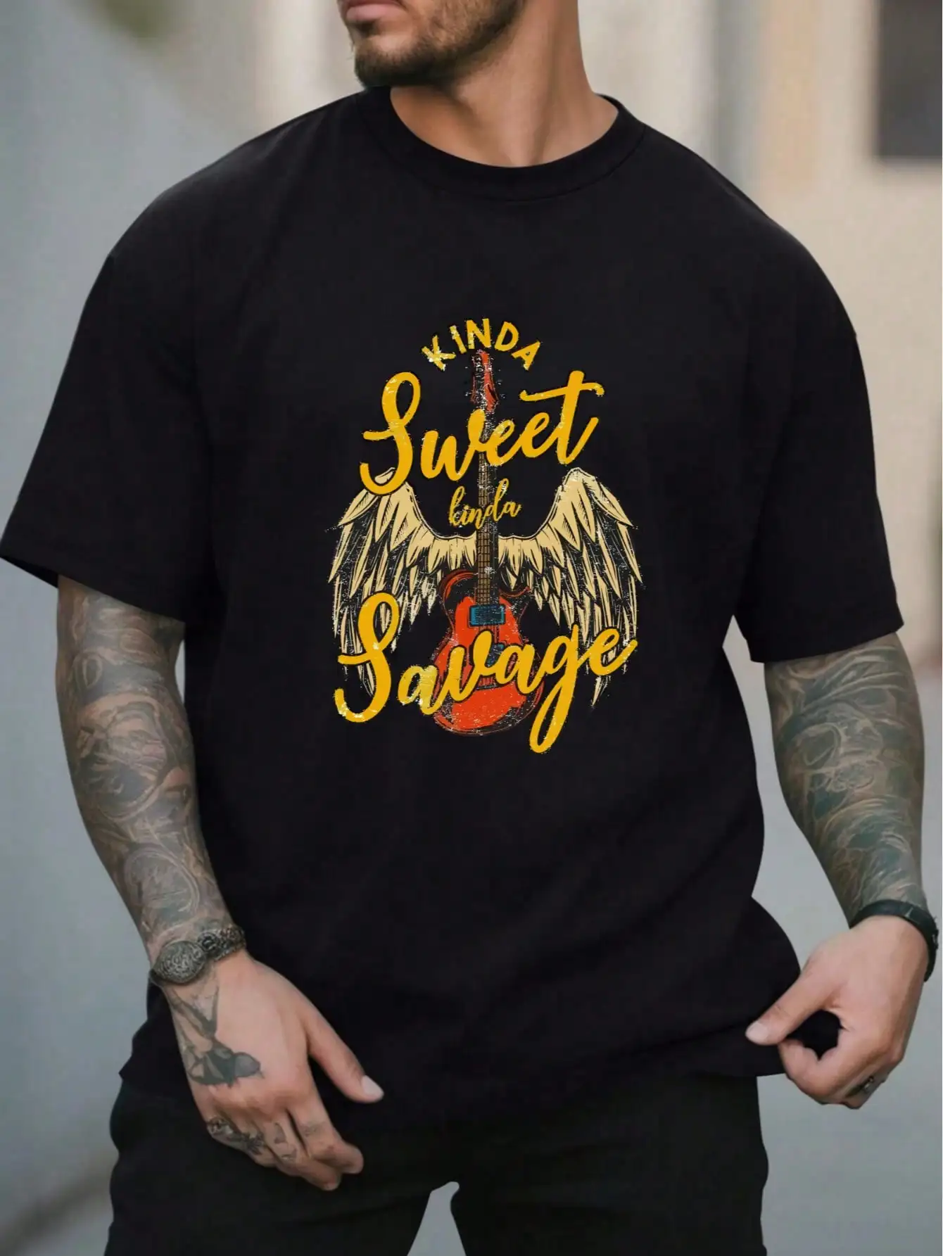 

Spring And Summer Men's T-Shirt, Casual Men's T-Shirt, Printed With Wing Guitar And Band Pattern, Round Neck And Short Sleeves