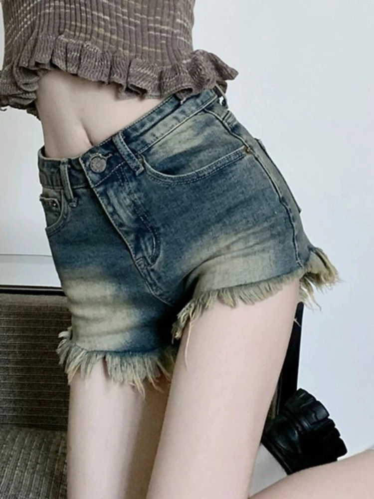 Denim Shorts Women Blue Retro High Waist Summer Thin Straight Korean Style All-match Slim Fit Design Streetwear Girls Popular