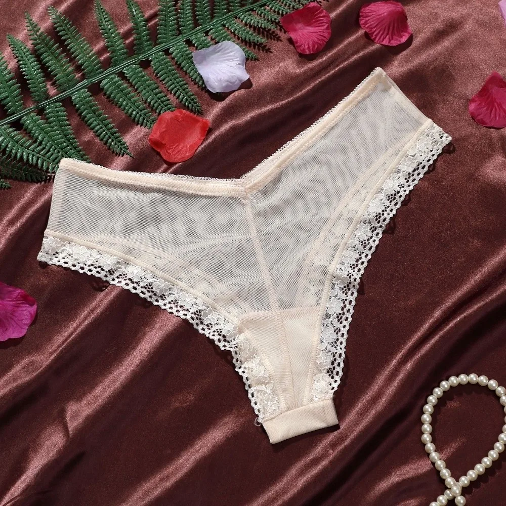 Low Waist Mesh Floral Panties Patchwork Female Lingerie Mesh Sheer Lace Thong Hollow Intimate Lace Flower Transparent Briefs