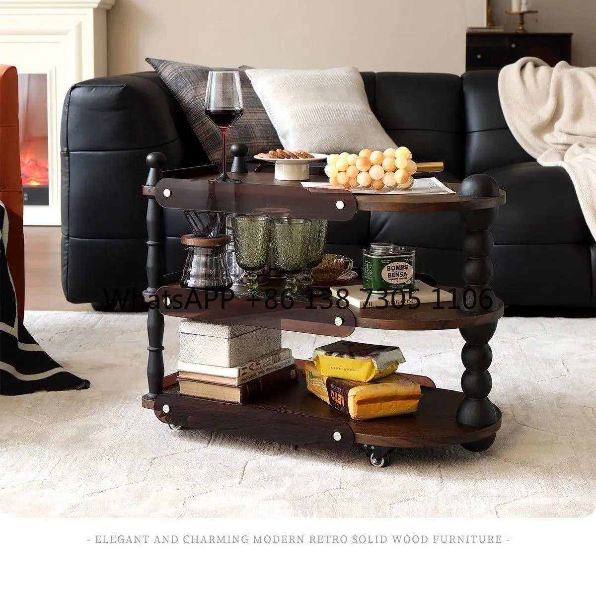 

French retro style solid wood movable coffee table living room sofa edge corner mobile trolley storage rack