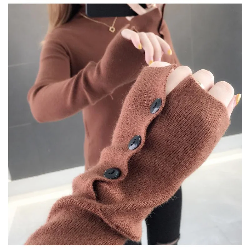 Women's Clothing Solid Color Button Long Sleeve Pullover Half High Collar Sweater Knitted Elegant Autumn Winter Commute Tops