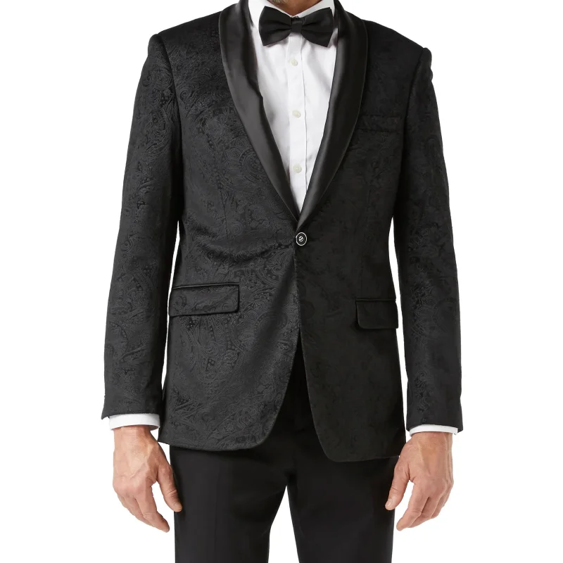 Lansboter Men Suit Black 2 Pieces Patterned Fabric With Black Lapel Fit Wedding Banquet Party Work Suit Jacket With Pants