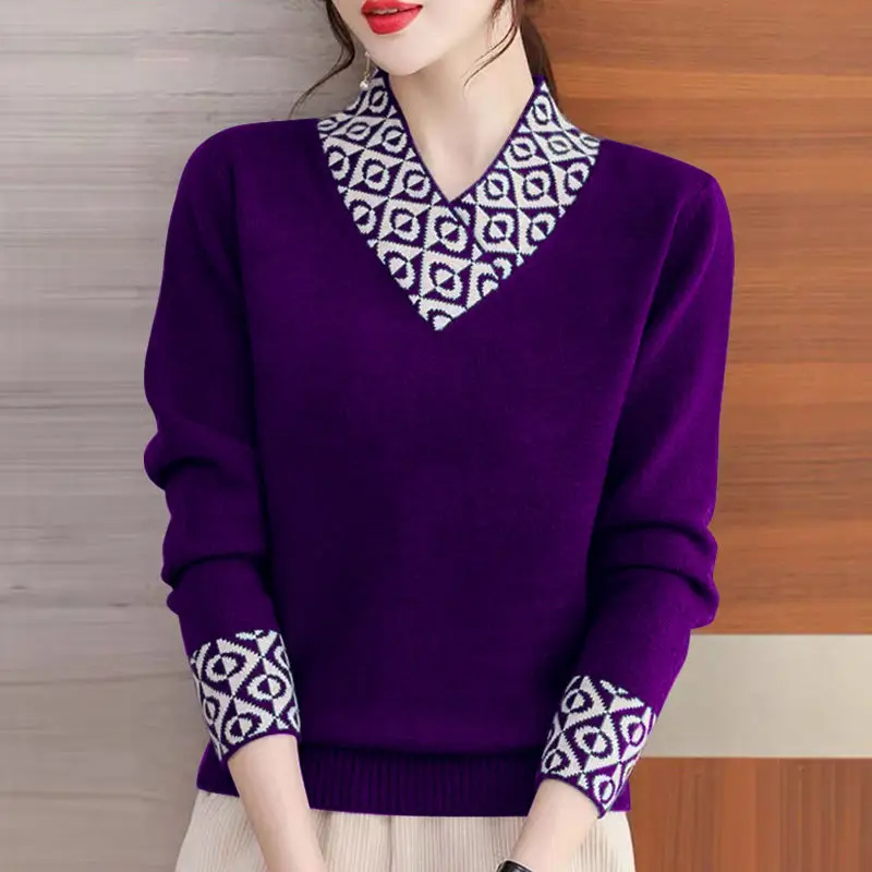 Female Solid Fashion Knitted Pullovers Women Clothes Casual Simple Keep Warm Sweaters Autumn Winter V-neck Knitwear