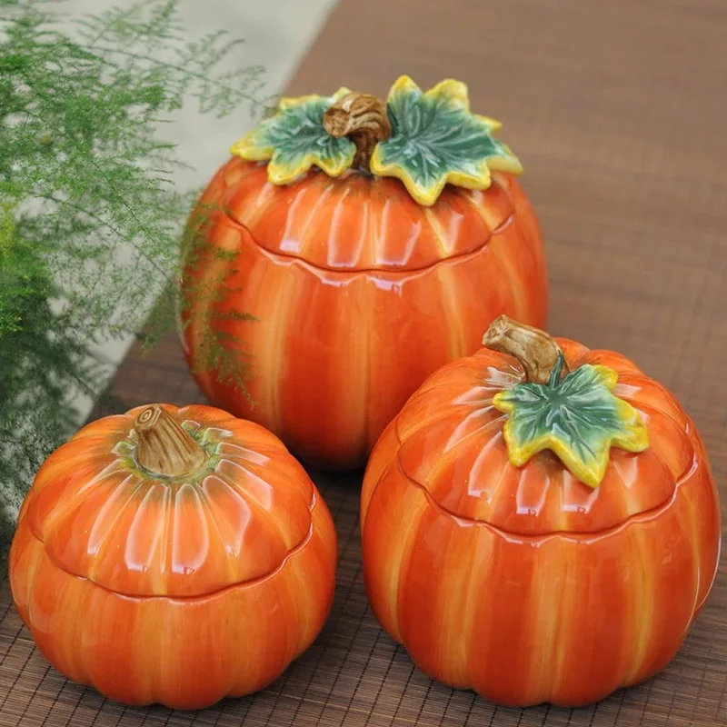 

Ceramics Pumpkin Storage Jar Candy Manual Painted Decoration Sealed Food Box with Cover Ornaments Decor Crafts