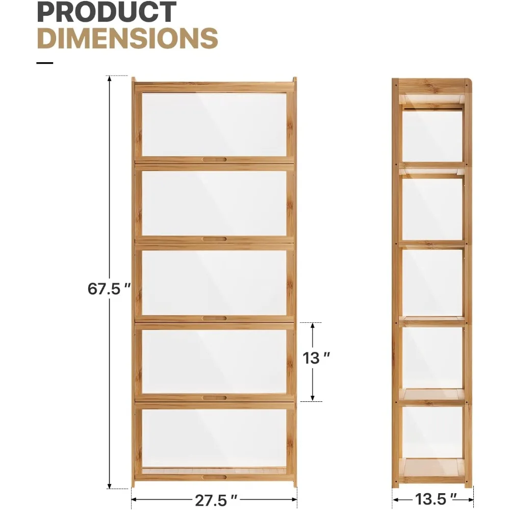 خزانة عرض Curio مقاس 67.5 بوصة مع أبواب، خزانة عرض من الخيزران مكونة من 5 طبقات ومقتنيات عرض الألعاب للعيش R