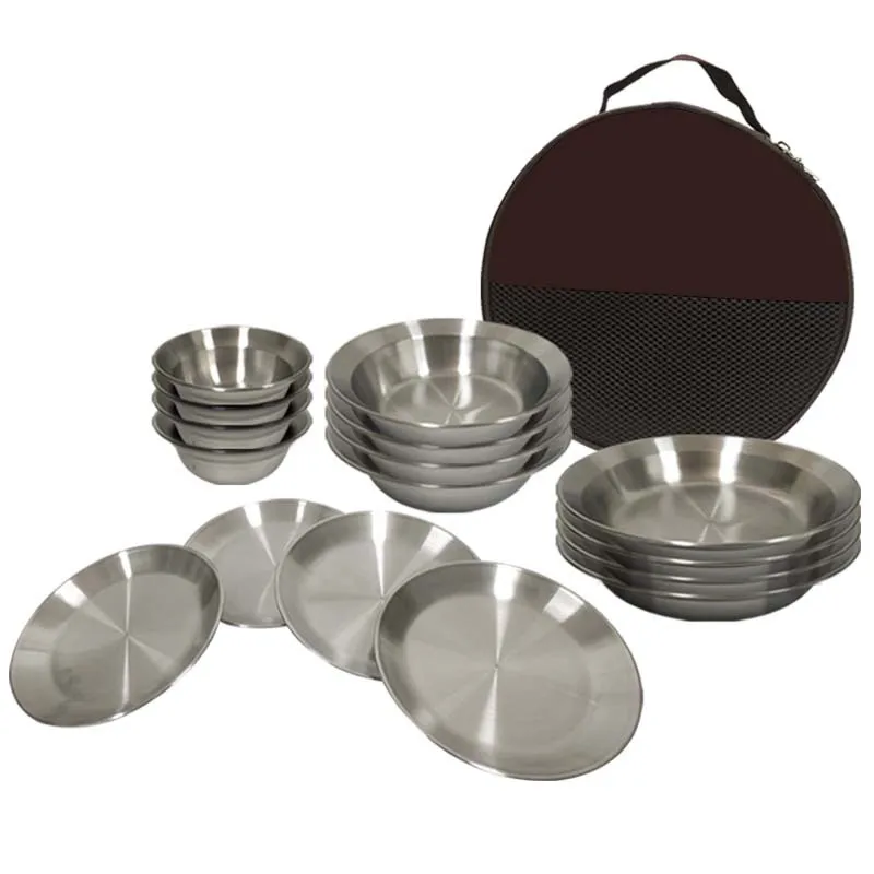 Stainless Steel Tableware Set Portable Dinnerware Set Family Camping Bowl & Plate Set with Storage Bag