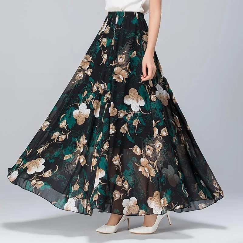 3XL Plus Size Women Floral Skirts Summer High Waisted Maxi Chiffon Long Skirt Beach Skirt Pleated Boho Skirts Women Clothes C485