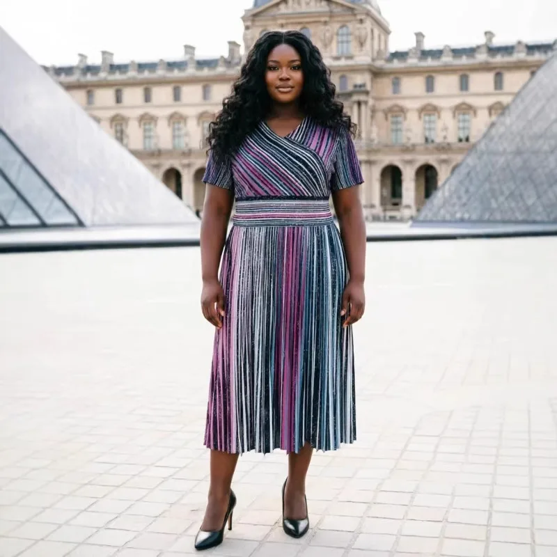 

Плиссированное платье Miyake 2026: Европейская коллекция больших размеров, летнее, элегантное, с коротким рукавом, женское длинное платье с принтом, из эластичного полиэстера