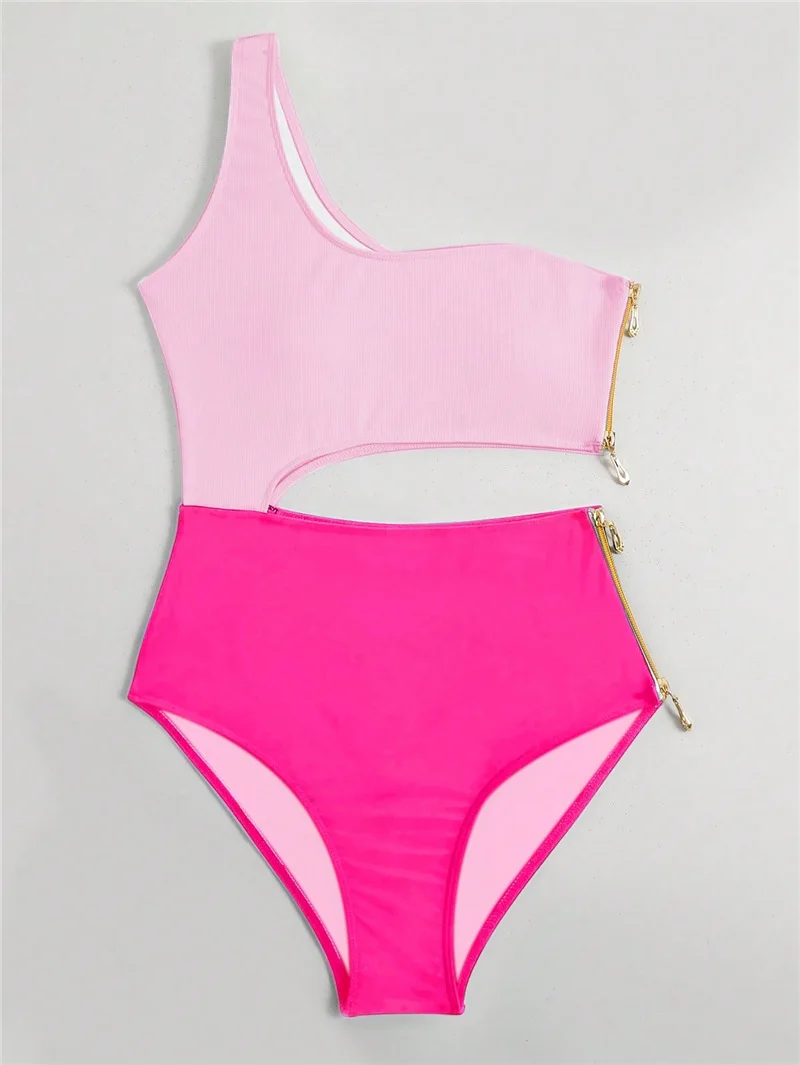 One Shoulder Cut Out Zipper Swimwear Woman 2024 Hollow One Piece Swimsuit Pink Bodysuit Beach Bathing Suit Women Monokini Brazil