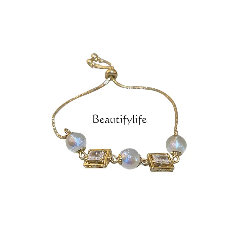 Pearl Zircon Square Pull-out Bracelet Simple and Adjustable Bracelet Fashion Ornament