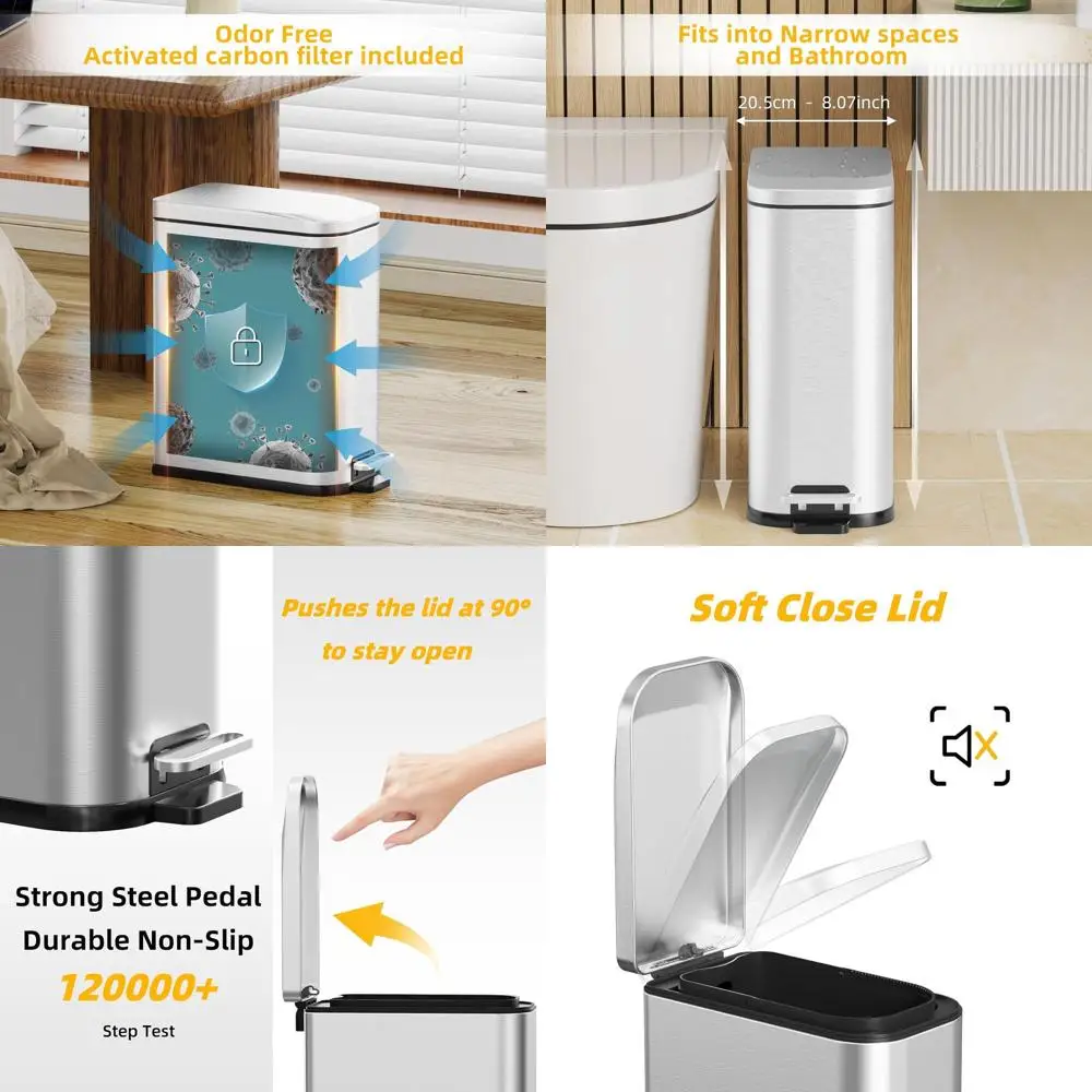 

15L Slim Rectangular Trash Bin with Soft-Closing Lid and Step Pedal for Home and Office, Silver