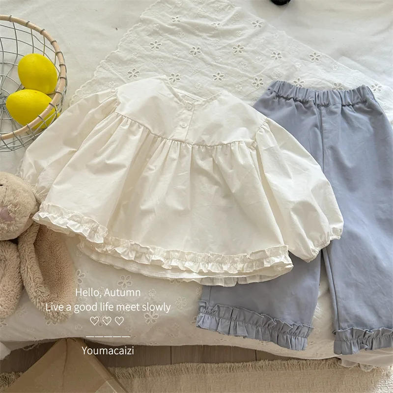 Girls Pants 2026 Spring and Autumn New Childrens Clothing Korean Style Girl Baby Wooden Ear Side Solid Color Straight Tube Pants
